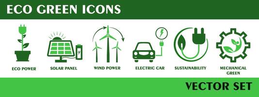 éco vert icône ensemble. contenant éco pouvoir, solaire panneau, vent pouvoir, électrique voiture, durabilité, mécanique vert. solide Icônes vert couleurs vecteur collection.