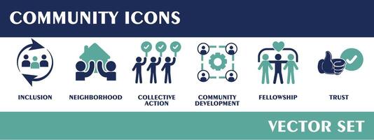 communauté Icônes. contenant inclusion, quartier, collectif action, communauté développement, camaraderie, confiance. plat conception vecteur ensemble.