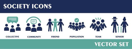 société Icônes. contenant collectif, communauté, ami, population, équipe, senior. plat conception vecteur ensemble.