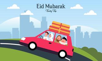 musulman famille dans voiture voyage à ville natale pendant eid mubarak fête vecteur
