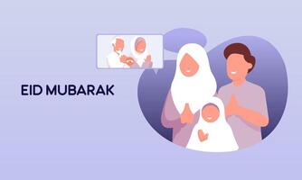 musulman famille contact leur aîné ou Parents dans téléphone intelligent vidéo appel à spectacle leur l'amour dans eid mubarak fête vecteur