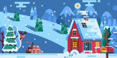 paysage d'hiver de noël avec petite maison rouge en illustration vectorielle de forêt de pins. paysage d'hiver de dessin animé. vecteur