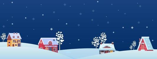 conception géométrique de Noël moderne avec paysage d'hiver avec maisons de village, forêt aux couleurs vertes, rouges et blanches. affiche horizontale, carte de voeux, en-tête pour le web vecteur