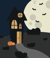 maison sombre avec un fantôme sur fond de lune et de chauves-souris vecteur