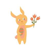 de bonne humeur dessin animé lapin en portant une bouquet de fleurs avec et une multicolore Oeuf dans main vecteur