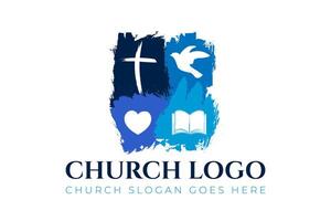 Christian église logo conception avec croix, Colombe, foyer et Bible vecteur
