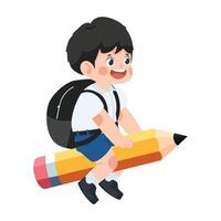 mignonne peu garçon étudiant en volant sur crayon vecteur