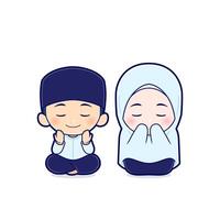 mignonne garçon et fille musulman séance et prier. religion concept icône plat style illustration. ramadhan dessin animé vecteur mascotte personnage isolé sur blanc Contexte