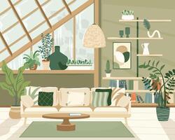 confortable détaillé boho style salon intérieur avec une élégant combinaison de branché Terre tons. canapé avec oreillers, végétaux, tableau. moderne intérieur conception dans scandinave style. vecteur illustration