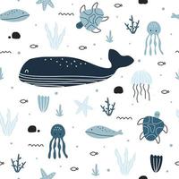 baleine bleue et vie marine sans soudure fond de dessin animé animal mignon pour les impressions, fonds d'écran, vêtements, textiles, illustration vectorielle vecteur