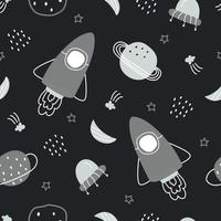 fond de l'espace avec des étoiles et des fusées dessinés à la main modèle vectoriel continu dans le style de dessin animé utilisé pour l'impression, papier peint, tissu, décoration, illustration vectorielle textile