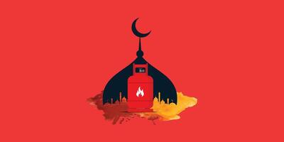 lpg gaz cylindre avec islamique mosquée symbolique les monuments pour aïd, Ramadan, eid Al adha bannière affiche Créatif concept, rouge lpg cylindre eid idée, modifiable vecteur illustration