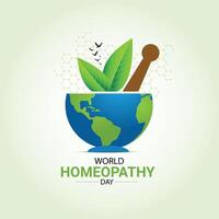 monde homéopathie journée. vert abstrait arrière-plan, le journée est une fête de tous les deux homéopathie et ceux qui avoir été guéri par homéopathie. homéopathie médecin jour, homéopathie journée Créatif idées. vecteur