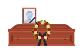 mort Jeune homme cercueil et photo. funéraire cérémonie. rituel service. Masculin image et fleurs couronne sur cercueil. vecteur illustration.