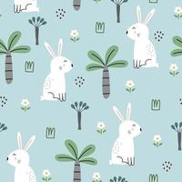 lapin blanc avec des arbres et des fleurs modèle sans couture mignon dessin animé animal fond dessiné à la main dans un style enfant le design utilisé pour l'impression, le papier peint, la décoration, le tissu, l'illustration vectorielle textile vecteur