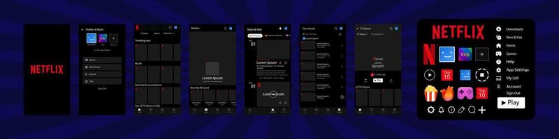 Netflix interface avec bouton. Netflix écran social médias, social réseau interface modèle. page d'accueil, netflix, Nouveau et chaud, abonnement, profil. pente Contexte. éditorial vecteur