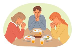 l'heure du déjeuner prière de catholique famille remerciement Dieu pour présence de nourriture sur table et opportunité à manger délicieusement. Christian l'heure du déjeuner prière lis par deux conjoints et adolescent fille vecteur