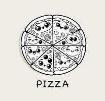 mignonne kawaii Pizza tranches avec divers garnitures souriant, pour menus, nourriture les blogs, les enfants illustrations. vecteur illustration.