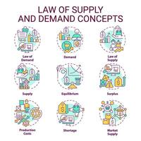 loi de la fourniture multi Couleur concept Icônes. prix, quantité de marchandises, prestations de service dans marché. la fourniture et demande. icône paquet. vecteur images. rond forme des illustrations pour brochures dans commercialisation. abstrait idée