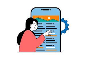 app développement concept avec gens scène dans plat la toile conception. femme codage et optimiser application scripts et programmes code. vecteur illustration pour social médias bannière, commercialisation matériel.