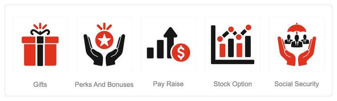 une ensemble de 5 employé avantages Icônes comme cadeaux, avantages et des primes, Payer élever vecteur