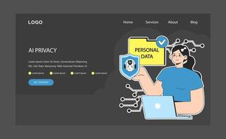 ai éthique foncé ou nuit mode la toile, atterrissage. femme en utilisant ordinateur portable, assurer vecteur
