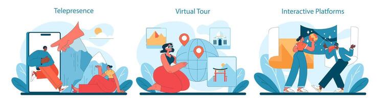 virtuel tourisme ensemble. sans couture téléprésence, engageant virtuel visites guidées vecteur