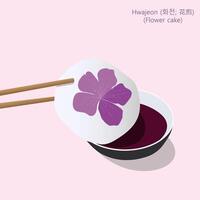 hwajeon kkot-bukkumi ou fleur gâteau, petit coréen poêlé riz gâteau fabriqué en dehors de glutineux riz farine, mon chéri et comestible pétales de rhododendron. tenir par baguettes, plongé dans sauce coup de poing. vecteur