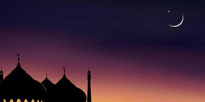 Ramadan kareem, aïd mubarak fond, dôme mosquées, croissant lune, étoile sur nuit ciel, vecteur symbole islamique religion bannière pour eid Al adha, aïd Al fitr, nouveau année muharram