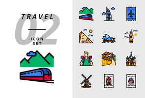 Pack icon for travel, Transport en train, Dubaï, billet d&#39;avion, pyramide, opéra, Big Ben, routard, Grande Muraille, Taj Mahal, moulin à vent, billet de train, billet de bateau vecteur