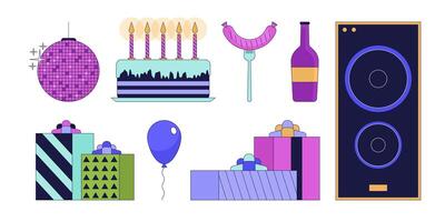 anniversaire fête fête 2d linéaire dessin animé objets ensemble. Accueil décor, nourriture et divertissement isolé ligne vecteur éléments blanc Contexte. vacances un événement Couleur plat place illustration collection