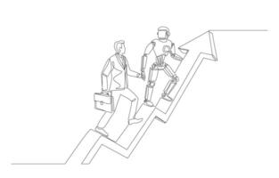 continu un ligne dessin de robot portion homme d'affaire à étape en haut croissance flèche, ai assistant concept, Célibataire ligne art. vecteur