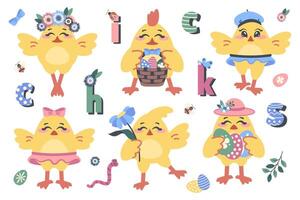 Pâques poussins.set de mignonne poulets avec Pâques œuf, panier. peu des oiseaux avec fleur sauvage, chapeau, couronne, marrant vêtements. dessin animé personnages pour décoration faire la fête, vacances, carte. vecteur plat illustration