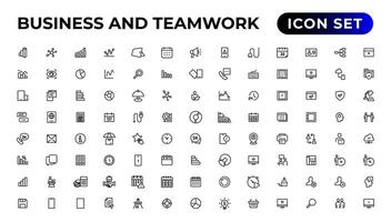 affaires et travail en équipe ligne Icônes définir.l'argent, investissement, travail en équipe, réunion, Partenariat, réunion, travail succès.contour icône . vecteur