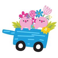 mignonne porc ligne main tiré style rester dans Chariot avec fleur.printemps temps.floral.nature.blooming.farm animal personnage dessin animé design.baby graphique.kawaii.vector.illustration. vecteur