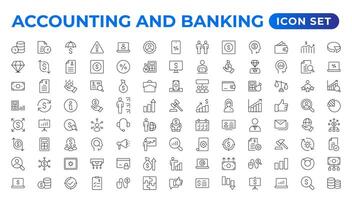ensemble de ligne Icônes en relation à comptabilité, Audit, et impôts. contour icône collection. businesssymbols.revenu ensemble. contenant argent, impôt, gains, paiement, chèque de paie, travail, Pension, et les salaires Icônes. vecteur
