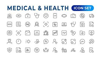 santé et médical linéaire Icônes tel comme scalpel, saline, optométriste, otoscope, correctif, et grossesse tester ligne icônes.médecine plat Icônes. collection de santé se soucier médical panneaux. contour icône ensemble. vecteur