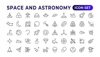 astronomie icône ensemble. contenant satellites, le univers, astronautes, fusée, comète, télescopes, et planète icônes.espace vecteur ligne Icônes, mince ligne style. contient tel Icônes comme espace, planètes, extraterrestre,