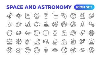 astronomie icône ensemble. contenant satellites, le univers, astronautes, fusée, comète, télescopes, et planète icônes.espace vecteur ligne Icônes, mince ligne style. contient tel Icônes comme espace, planètes, extraterrestre,