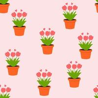 mignonne pots de fleurs avec tulipes sans couture printemps background.mère jour.modèle pour textile, fond d'écran, emballage, couverture vecteur