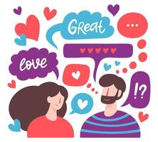 bavardage couple. Masculin et femelle romantique en ligne rencontre, l'amour messages, mignonne bavardage les amoureux personnages. virtuel des relations vecteur illustration