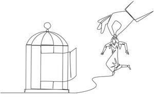 Célibataire continu ligne dessin gros main en portant arabe homme d'affaire et vouloir mettre dans une cage. piégeage à peu près. battement une affaires adversaire par tricherie. injuste entreprise. un ligne conception vecteur illustration