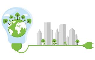 écologie notion, la monde est dans le énergie économie lumière ampoule vert, vecteur illustration. vert éco ville