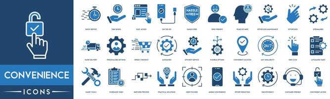 commodité icône ensemble. rapide service, pratique accès, temps économie, facile accès, problèmes gratuit, utilisateur amical, rationalisé, automatique, efficace service, souple les options et pratique emplacement vecteur