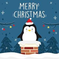 pingouin dessin animé cheminée joyeux noël noël vecteur bleu