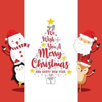 Santa claus deer penguin texte joyeux noël et bonne année cartes rouges vecteur