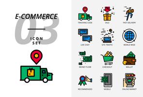 Pack d&#39;icônes pour le commerce électronique, code de suivi, vente, livraison rapide, flux monétaire, caisse, portefeuille, chat en direct, trafic sur le site, dans le monde entier, mobile, marché en ligne vecteur