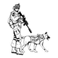 k9 militaire chien dans gilet avec armé soldat soldat vecteur illustration. en marchant allemand berger ou Belge malinois noir et blanc dessin pour patriotique vétéran journée conceptions.