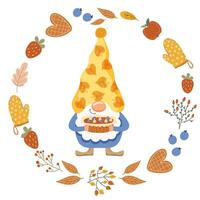 marrant gnome avec une tarte. l'automne. vecteur illustration