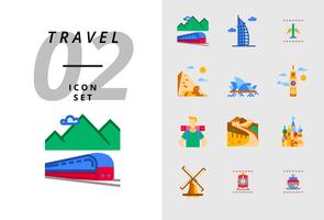 Pack icon for travel, Transport en train, Dubaï, billet d&#39;avion, pyramide, opéra, Big Ben, routard, Grande Muraille, Taj Mahal, moulin à vent, billet de train, billet de bateau vecteur